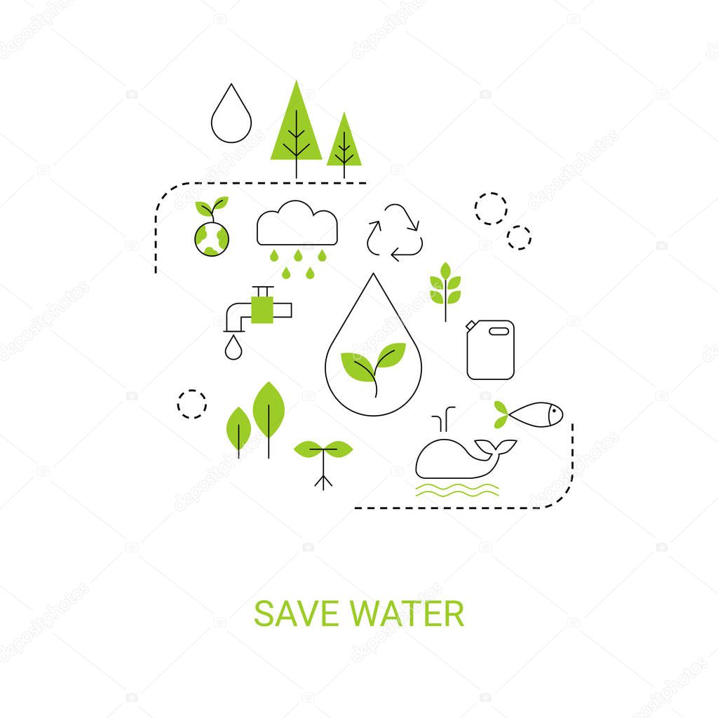 Save water concept. Background with ecology icons.