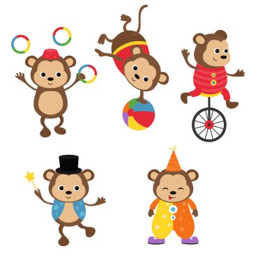 Sirk tema. Sirk maymunu farklı eylemler kümesi.