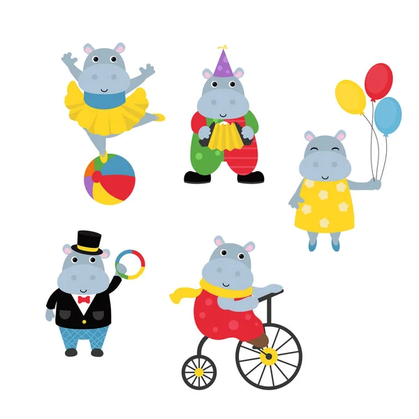 Thème Cirque Ensemble Hippopotames Cirque Avec Différentes Actions — Image vectorielle