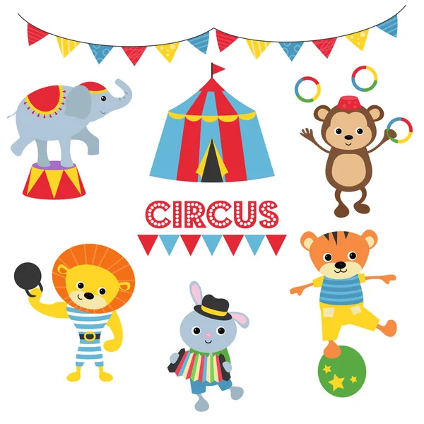 Tema Circo Conjunto Animales Circo Con Diferentes Acciones Incluye Elefante — Vector de stock