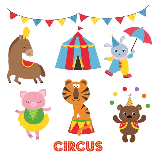 Tema Del Circo Set Animali Circo Artisti Con Azioni Diverse — Vettoriale Stock