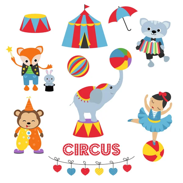 Tema Circo Conjunto Animales Circo Artistas Con Diferentes Acciones Incluye — Vector de stock