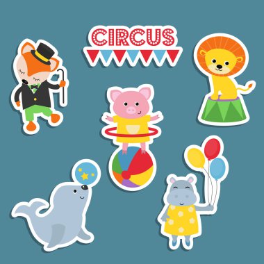 Sirk tema. Sirk hayvanları ile farklı eylemler kümesi. Tilki, aslanı, domuzcuk, mühür, su aygırı içerir.