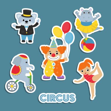 Sirk tema. Sirk hayvanlarına ve sanatçılar ile farklı eylemler kümesi. Kedi, su aygırı, jimnastikçi, palyaço, fil içerir.