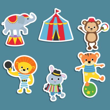 Sirk tema. Sirk hayvanları ile farklı eylemler kümesi. Fil, maymun, aslan, tavşan, kaplan içerir.