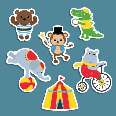 Sirk tema. Sirk hayvanlarına ve sanatçılar ile farklı eylemler kümesi. Ayı, fil, maymun, timsah, su aygırı içerir.