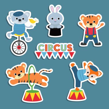 Sirk tema. Sirk hayvanlarına ve sanatçılar ile farklı eylemler kümesi. Kedi, kaplan, tavşan, tavşan, tilki içerir.