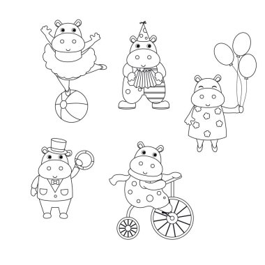 Sirk tema. Boyama kitabı. Sirk suaygırları ile farklı eylemler kümesi.