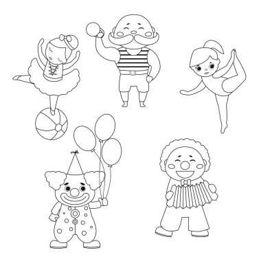 Sirk tema. Boyama kitabı. Sirk sanatçılar ile farklı eylemler kümesi. İçerir jimnastikçi, acrobat sanatçı, palyaço et?.