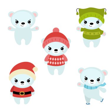 Sevimli çizgi kutup ayısı kümesi. Noel Tema.