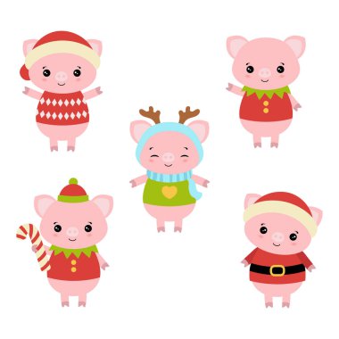 Sevimli çizgi domuz kümesi. Noel Tema.