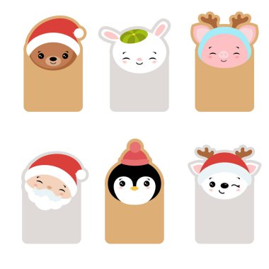 Sevimli çizgi karakterler kafa kartlarla topluluğu. Noel Tema.