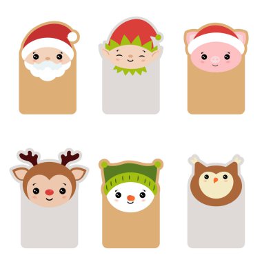 Sevimli çizgi karakterler kafa kartlarla topluluğu. Noel Tema.