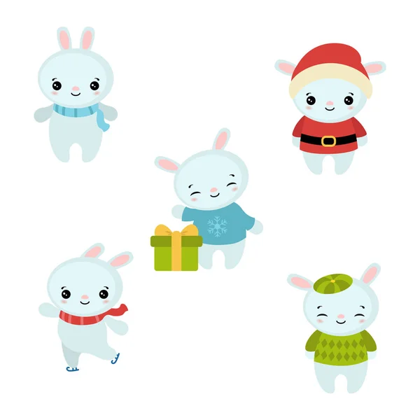 Conjunto Lindo Conejo Dibujos Animados Tema Navidad — Archivo Imágenes Vectoriales