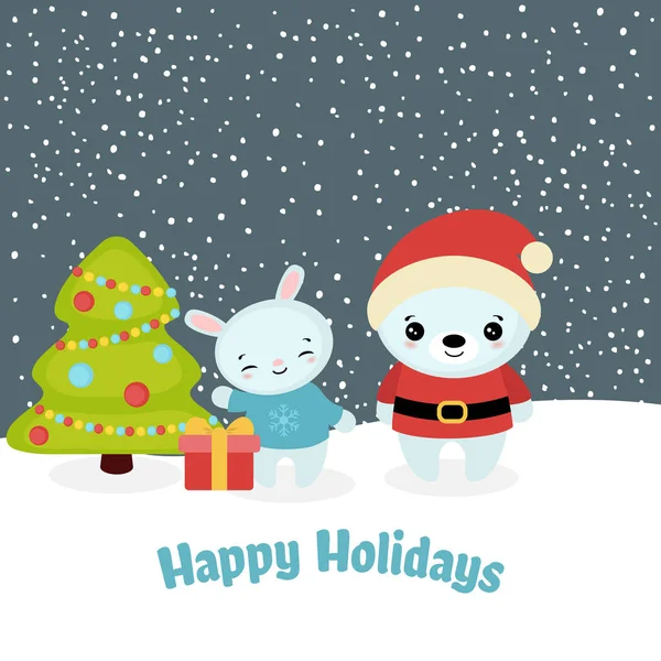 Merry Christmas Card Polar Bear Rabbit Vector Illustration — Stock Vector