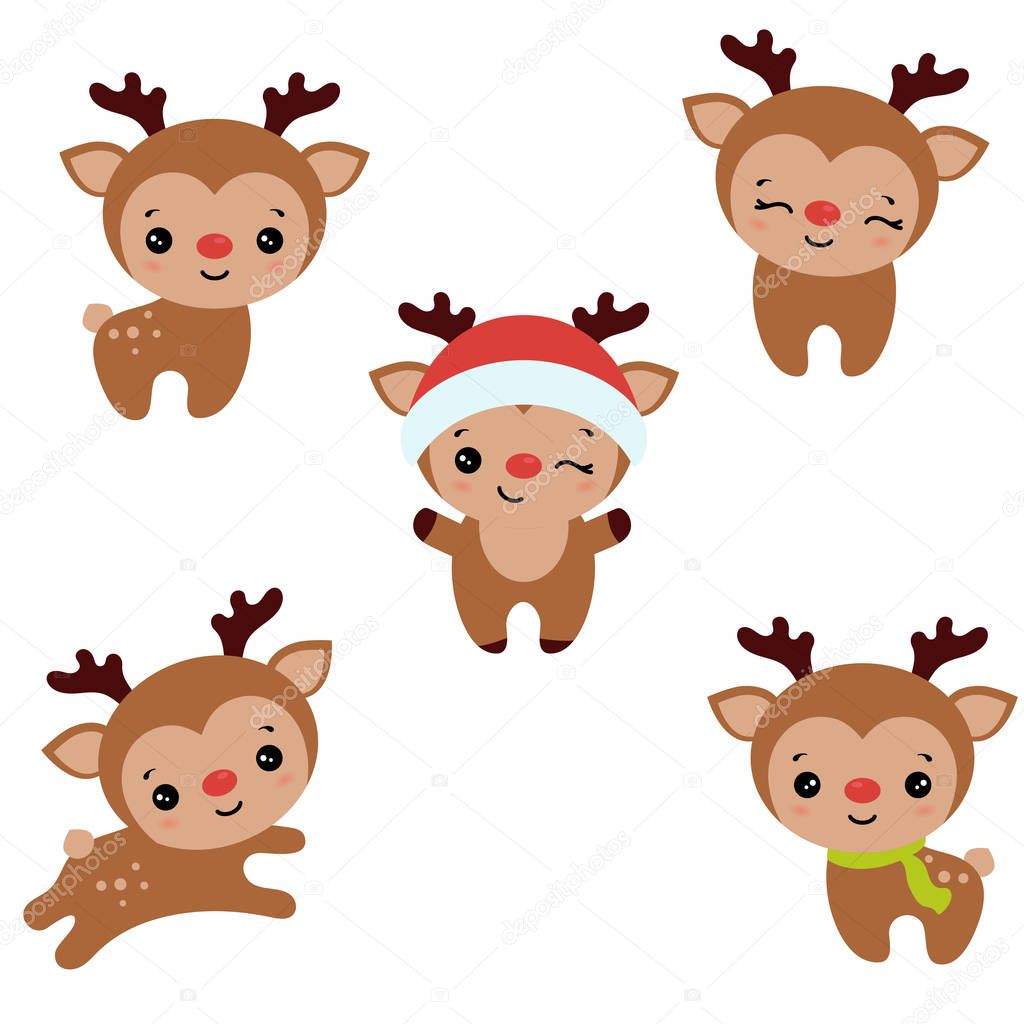 Set of cute cartoon reindeer. Christmas theme.