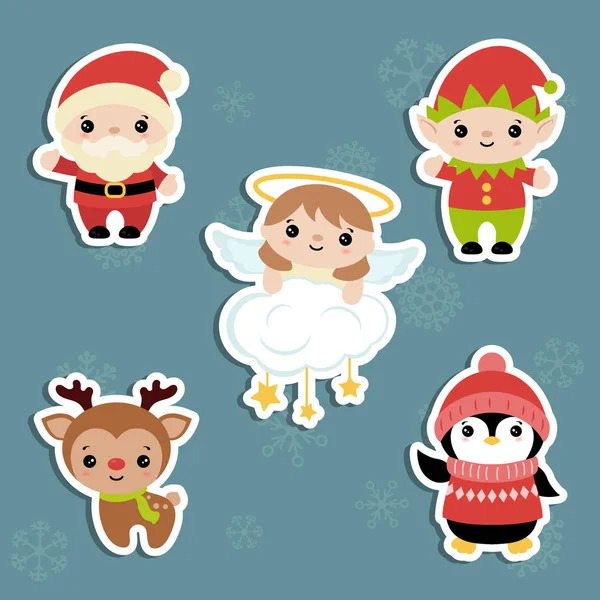 Conjunto Personagens Desenhos Animados Bonitos Tema Natal —  Vetores de Stock