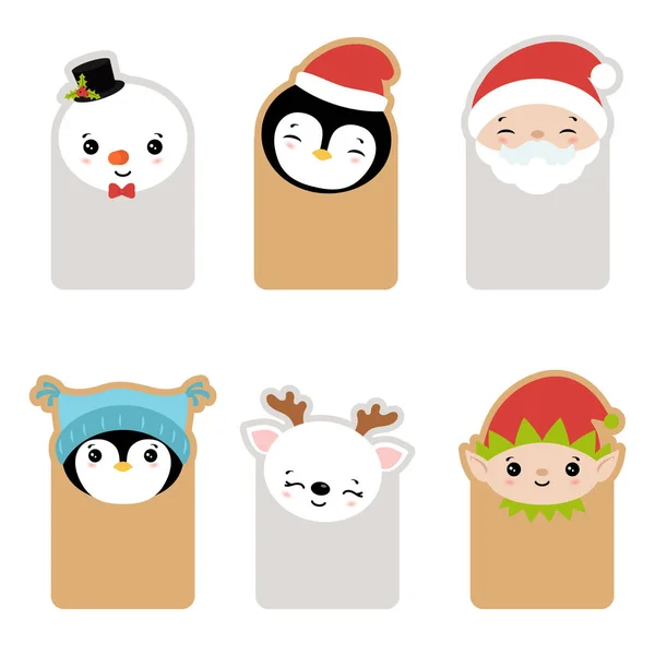 Colección Tarjetas Con Linda Cabeza Personajes Dibujos Animados Tema Navidad — Archivo Imágenes Vectoriales