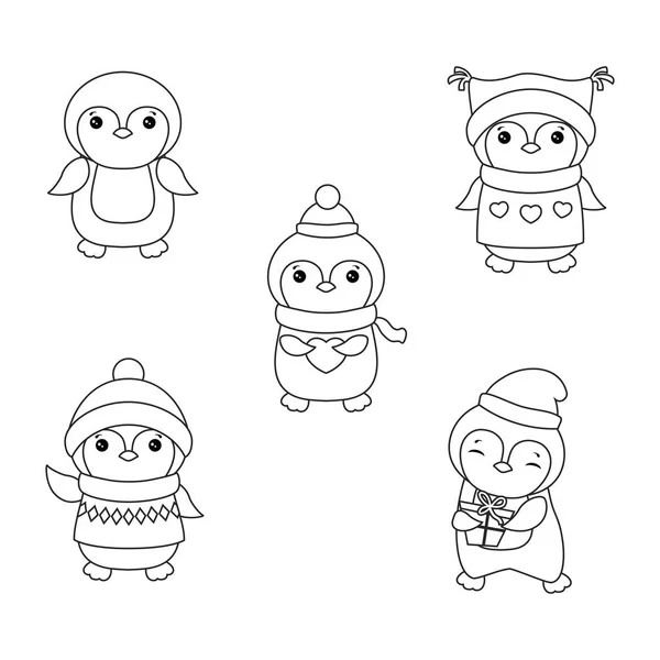 Conjunto Pinguim Bonito Desenho Animado Livro Para Colorir —  Vetores de Stock