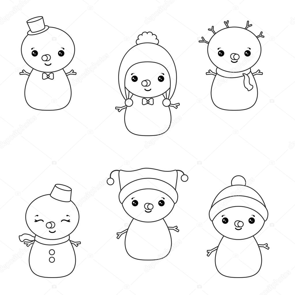 Set of winter holidays snowman. Coloring book.