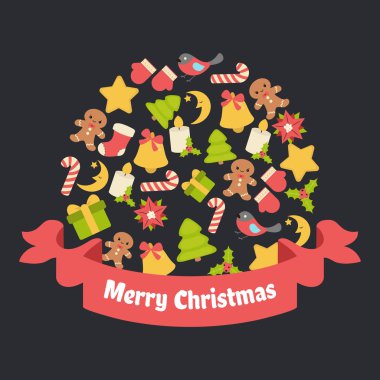 Christmas simgeleri ile Noel tebrik kartı. Noel ve yeni yıl öğeleri kümesi.
