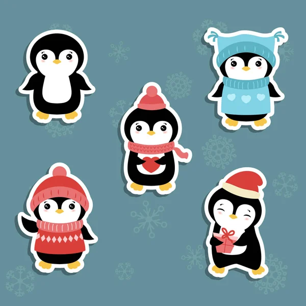 Ensemble Pingouin Dessin Animé Mignon Thème Noël — Image vectorielle