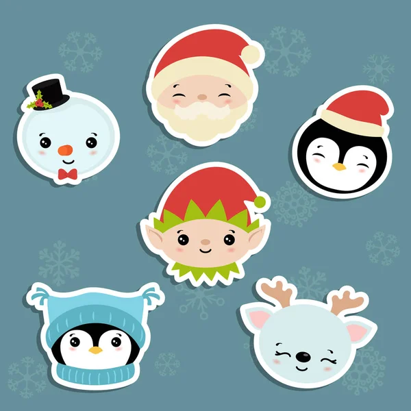 Ensemble Personnages Dessin Animé Mignon Tête Thème Noël — Image vectorielle