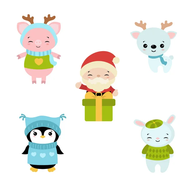 Set Personaje Drăguțe Desene Animate Tema Crăciunului — Vector de stoc