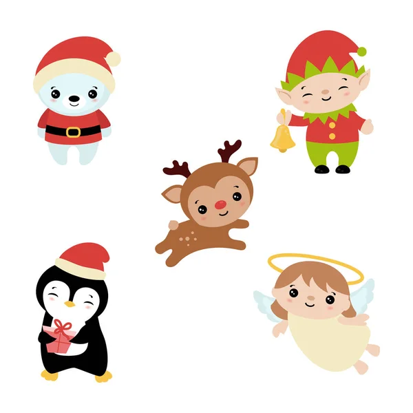 Verzameling Van Cute Stripfiguren Kerstthema — Stockvector