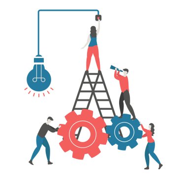 Yaratıcı fikir ve ekip çalışması kavramı ampul ve insanlarla. Modern düz tasarım.