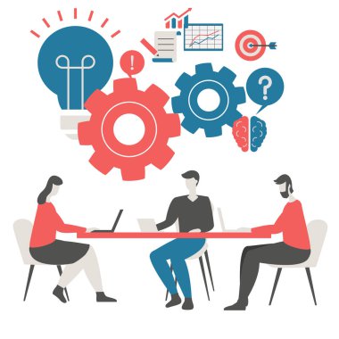 Yaratıcı fikir ve ekip çalışması kavramı ampul ve insanlarla. Modern düz tasarım.