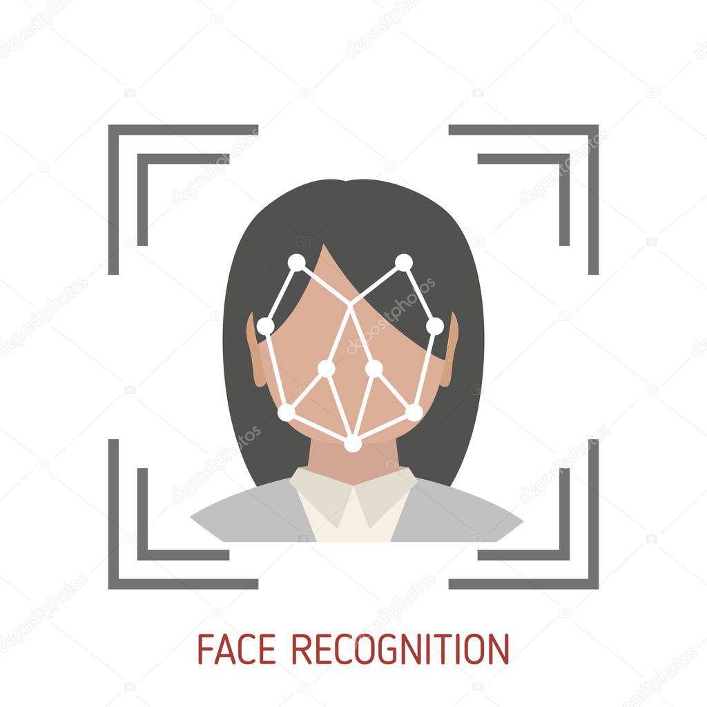 Biometric identification and face recognition system concept. Trendy flat design.