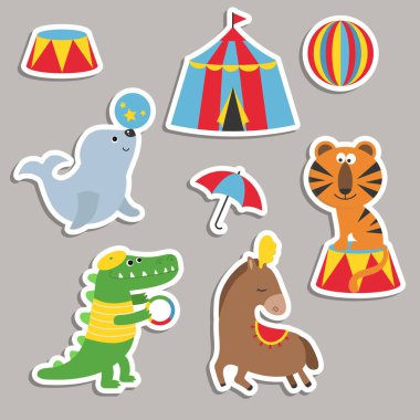 Sirk tema. Sirk hayvanları ile farklı eylemler kümesi.