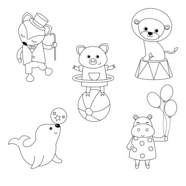 Circus theme. Set of circus animals and artists with different actions. Includes monkey, tiger, cat, lion, rabbit. ?oloring book. vector Circus theme. Set of circus animals and artists with different actions. Includes monkey, tiger, cat, lion, rabbit. ?oloring book. vector