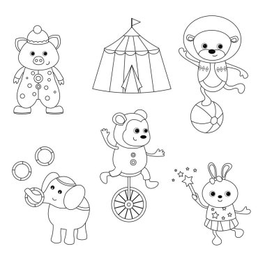 Sirk tema. Sirk hayvanlarına ve sanatçılar ile farklı eylemler kümesi. Domuz, aslan, fil, maymun, tavşan içerir. ? oloring kitap.