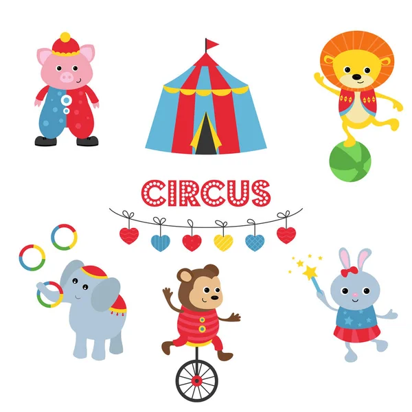 Tema Circo Conjunto Animales Circo Artistas Con Diferentes Acciones Incluye — Vector de stock