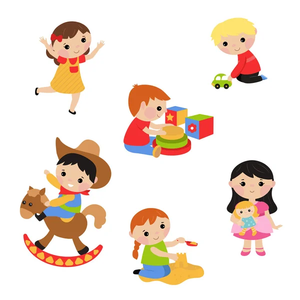 Little Children Play Toys White Background — Stock Vector