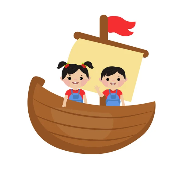 Niños jugando en el barco — Vector de stock