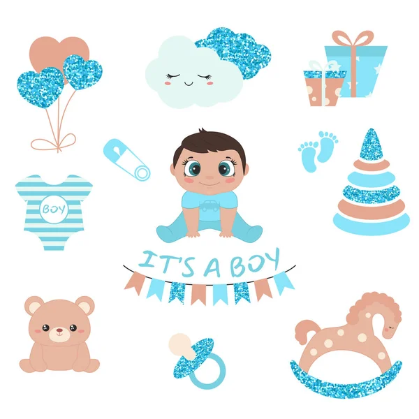 Baby boy dusch design ikoner — Stock vektor
