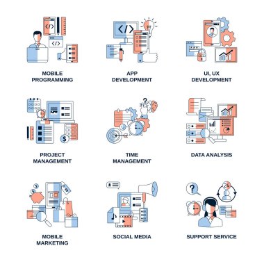 Mobil programlama, Dijital Pazarlama, Veri analiz elemanları vektör simgeleri.