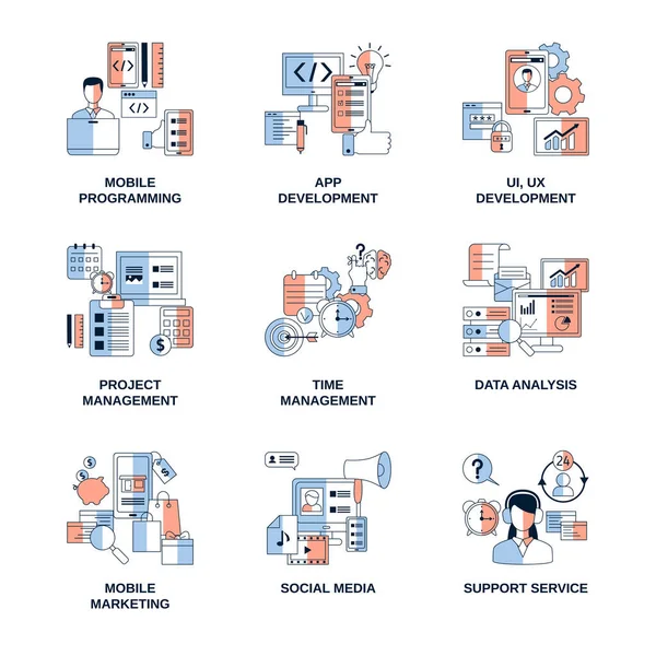 Mobil programlama, Dijital Pazarlama, Veri analiz elemanları vektör simgeleri.