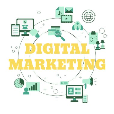 Dijital pazarlama ve dijital teknoloji kavramı. Vektör illüstrasyonu.