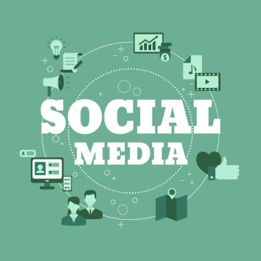 Medya simgeleriyle sosyal medya bağlantısı kavramı. Vektör illüstrasyonu.