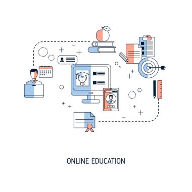 Çevrimiçi eğitim kavramı. Web sitesi, uygulama, pankart vs. için vektör illüstrasyonu.