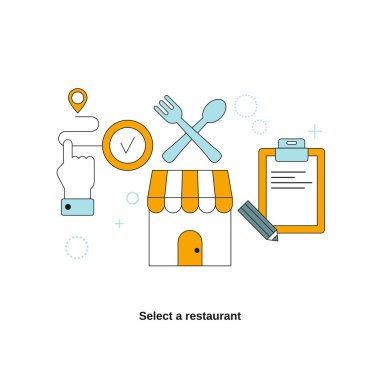 Bir restoran seç, yemek sipariş et, evine teslim et. Web sitesi, mobil web sitesi, iniş sayfası için vektör şablonu, ui.
