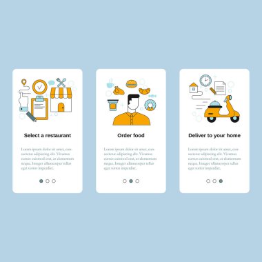Bir restoran seç, yemek sipariş et, evine teslim et. Web sitesi, mobil web sitesi, iniş sayfası için vektör şablonu, ui.