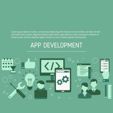 Uygulama geliştirme ve tasarım geçmişi. Yaratıcı ürünler yapmak. Vektör illüstrasyonu.