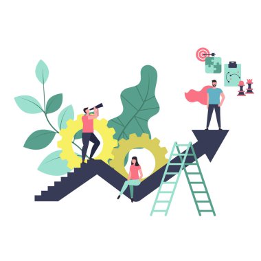 Liderlik pankartı konsepti insan karakterleriyle. Vektör illüstrasyonu.