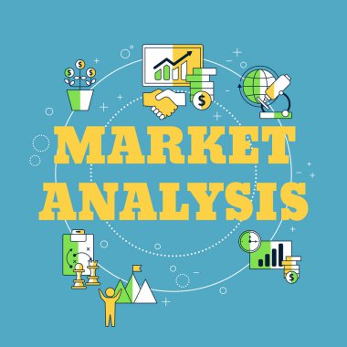 İş simgeleriyle piyasa analizi kavramı. Pazarlama teknolojisi. Vektör illüstrasyonu.