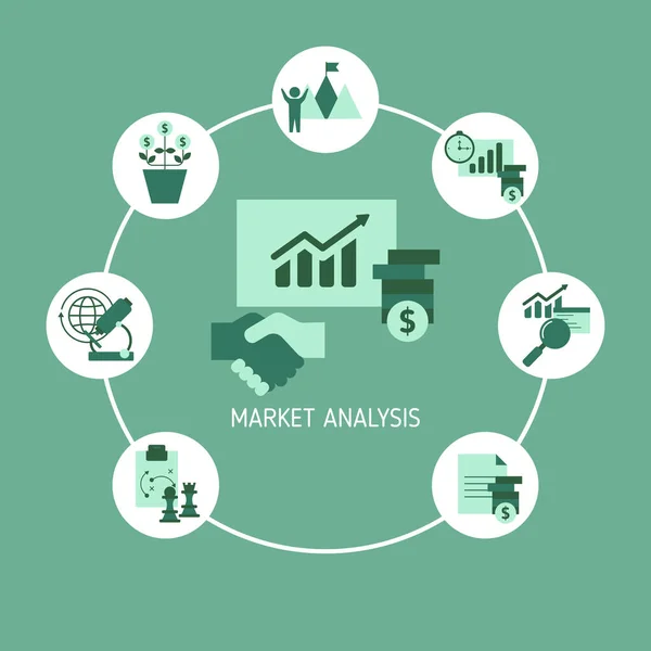 ビジネスアイコンと市場分析の概念 マーケティング技術 ベクターイラスト — ストックベクタ